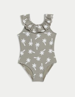 M&S Girls Palm AOP Swimsuit (2-8 Yrs) - 3-4 Y - Green Mix, Green Mix