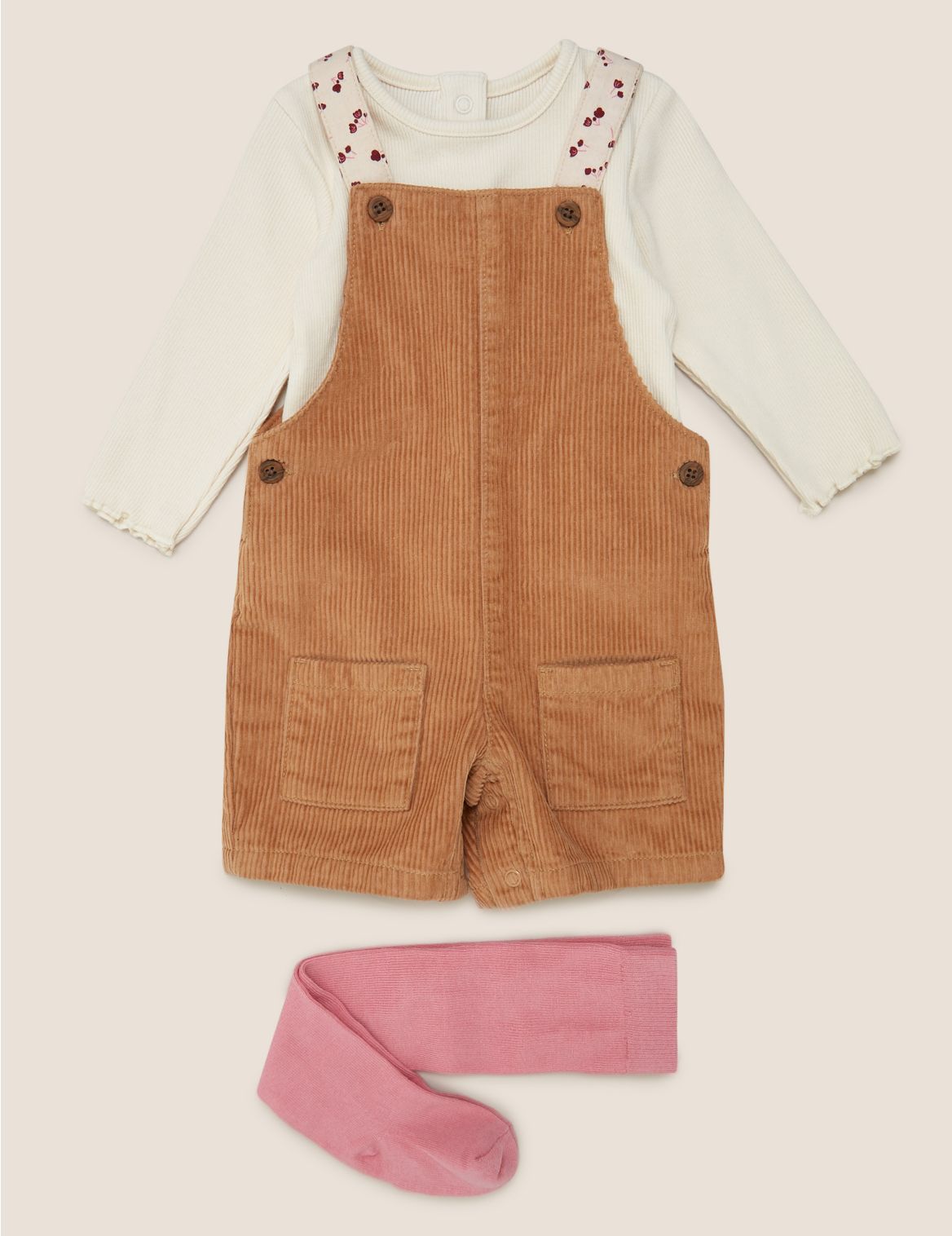 3 Piece Cotton Cord Dungarees Outfit (0-3 Yrs) brown