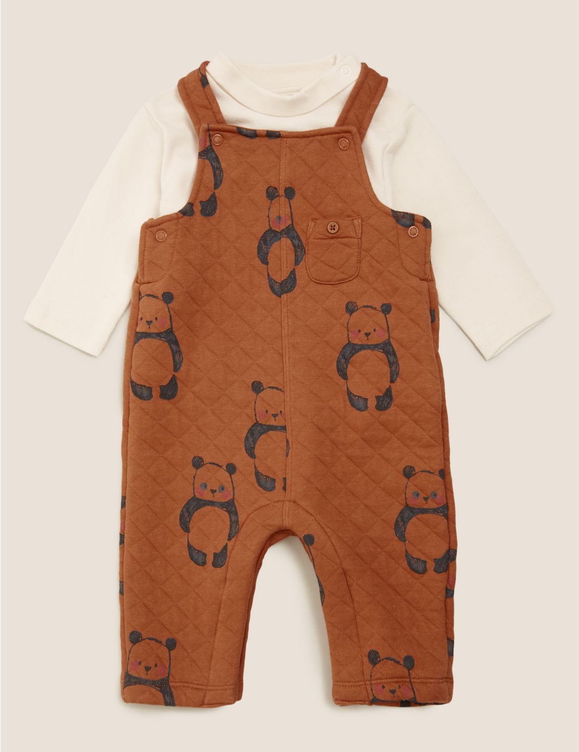 2pc Cotton Quilted Panda Dungarees Outfit (0-3 Yrs) brown