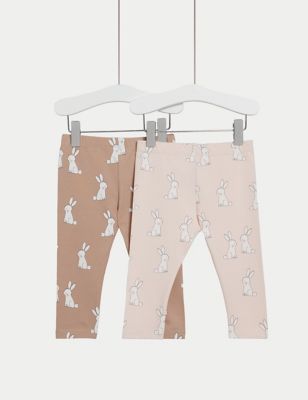 M&S Girl's 2pk Cotton Rich Bunny Leggings (0-3 Yrs) - 6-9 M - Neutral, Neutral