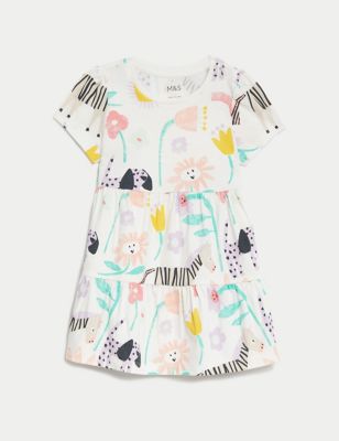 M&S Girls Pure Cotton Animal Print Dress (0-3 Yrs) - 3-6 M - Ivory Mix, Ivory Mix