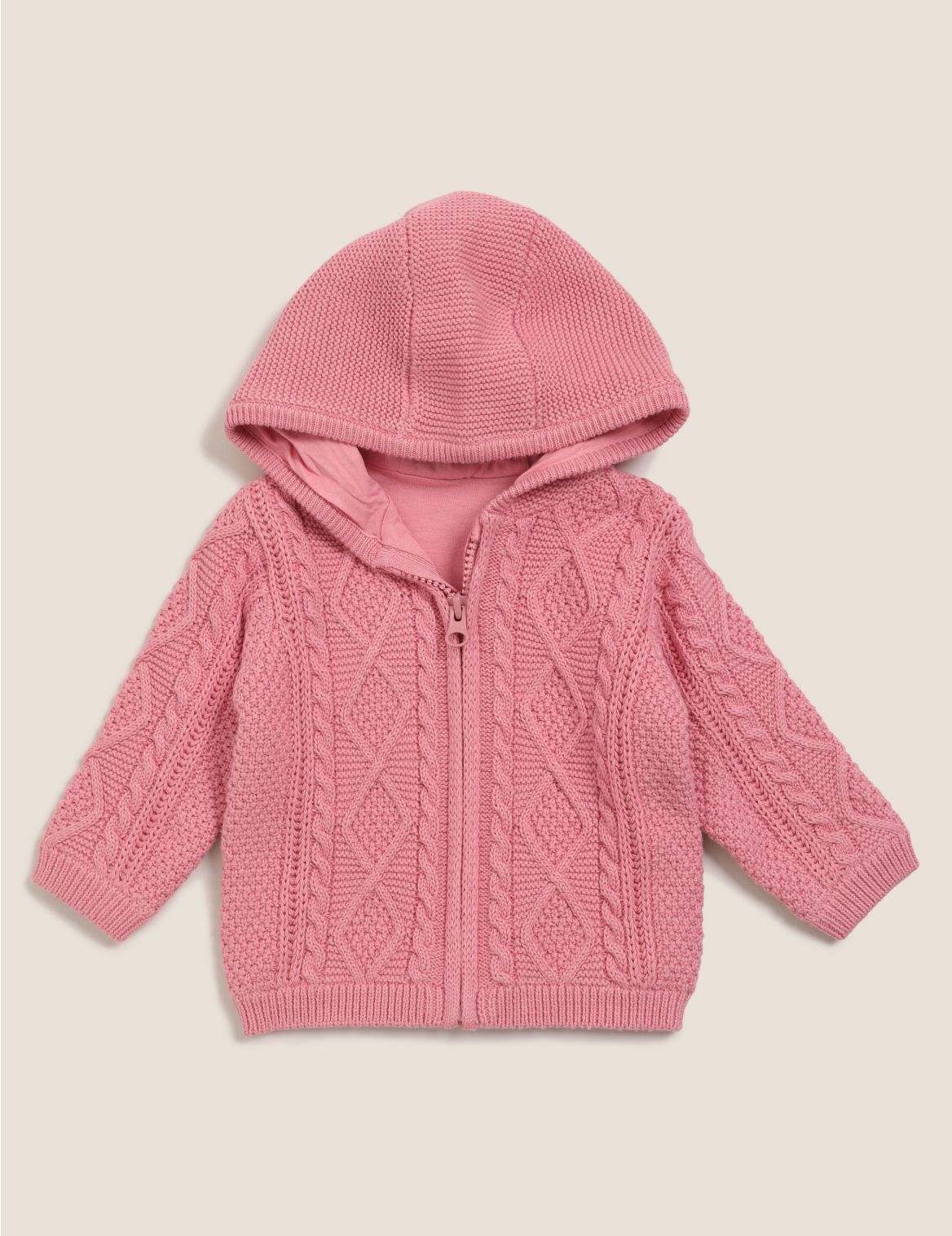 Pure Cotton Hooded Cable Knit Cardigan (0-3 Yrs) pink