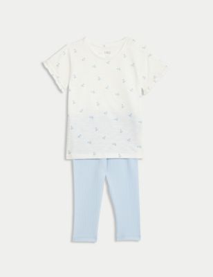 M&S Girls 2pc Cotton Rich Floral Top & Bottom Outfit (0-3 Yrs) - 0-3 M - Ice Blue, Ice Blue