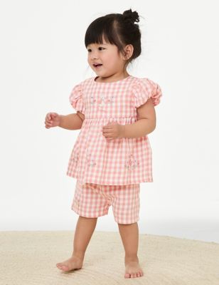 M&S Girls 2pc Pure Cotton Checked Peter Rabbit Outfit (0-3 Yrs) - 2-3Y - Coral Mix, Coral Mix