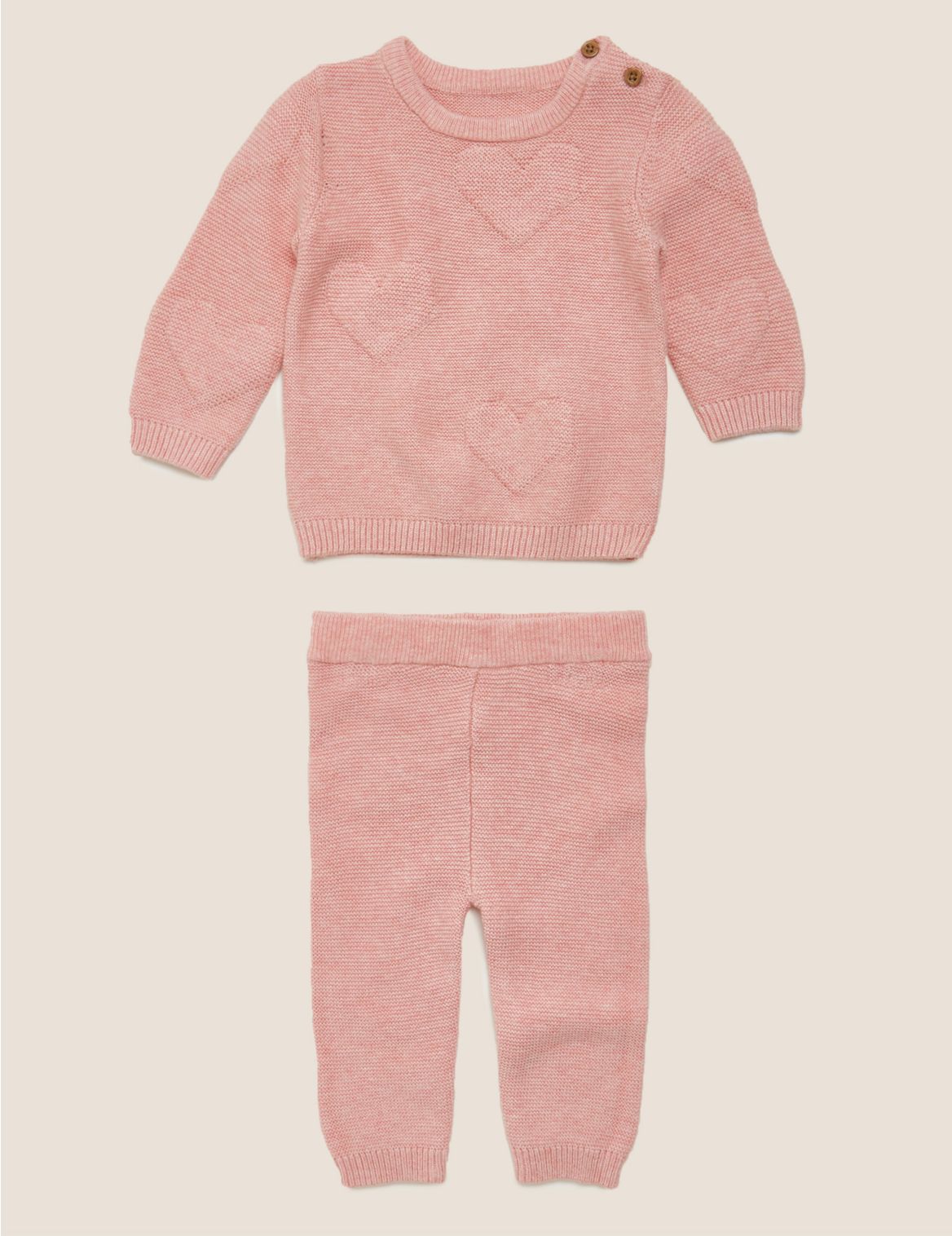 2 Piece Pure Cotton Knitted Heart Outfit (7lbs-12 Mths) pink