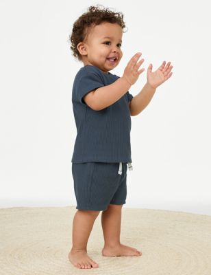 M&S Boys 2pc Cotton Rich Outfit (0-3 Yrs) - 12-18 - Blue, Blue,Green,Charcoal,Brown
