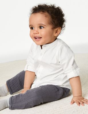 M&S Boys Linen Blend Grandad Shirt (0-3 Yrs) - 3-6 M - White, White