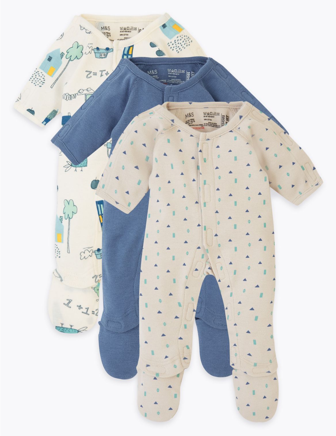 3 Pack Pure Cotton Premature Sleepsuits (3lbs-4lbs) blue