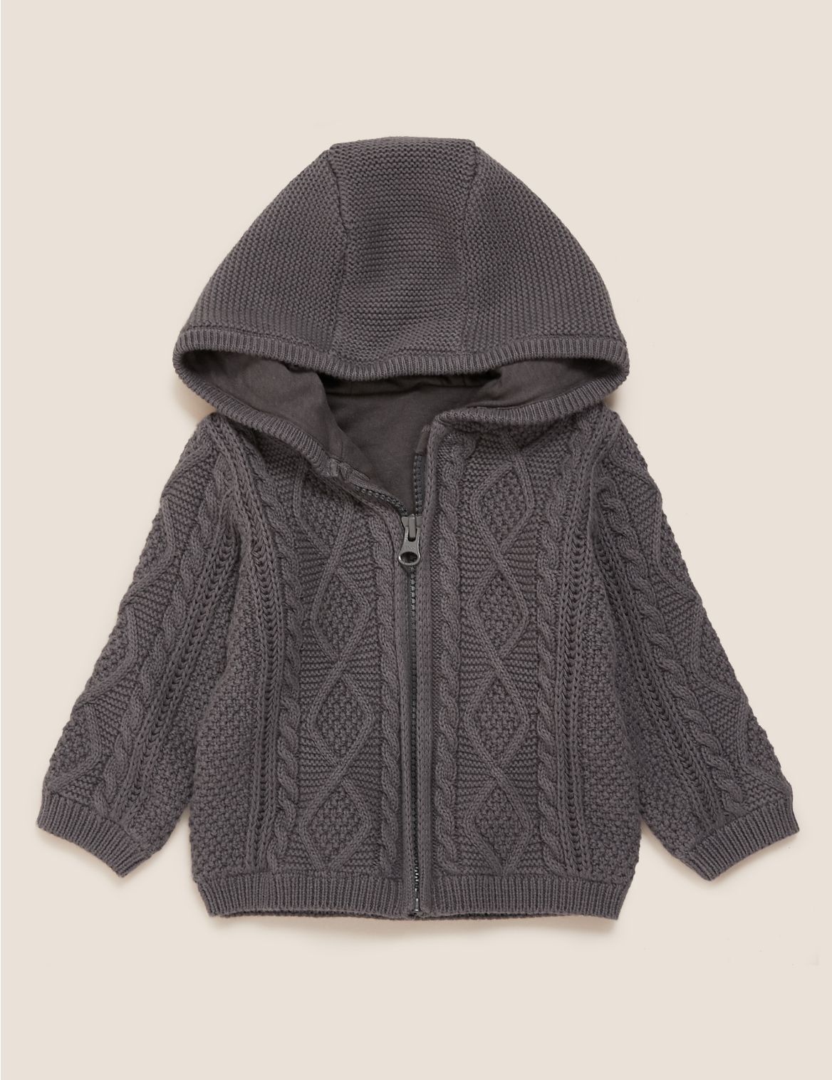 Pure Cotton Hooded Zip Cardigan (0-3 Yrs) grey
