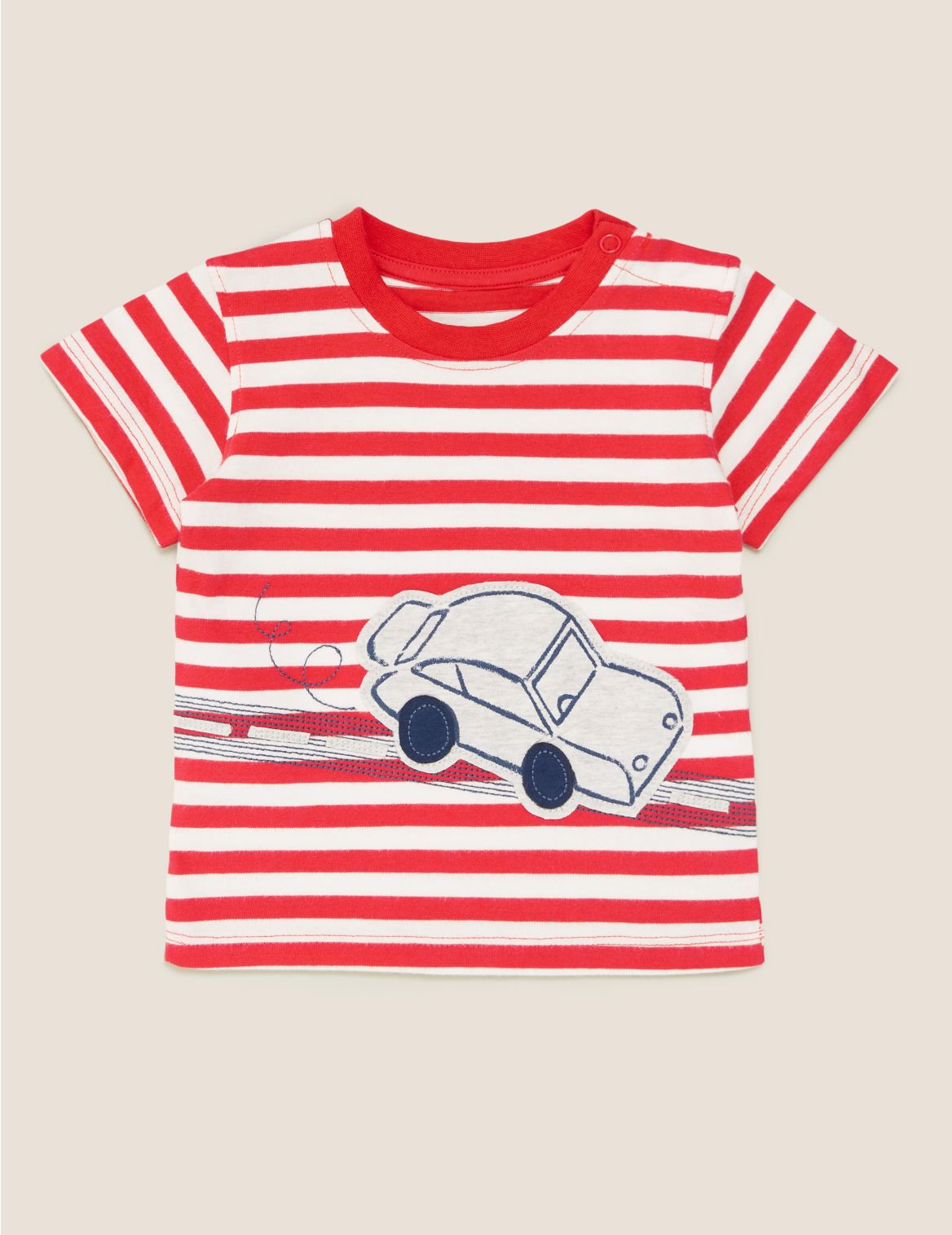 Pure Cotton Striped Car Applique T-Shirt (0-3 Yrs) red