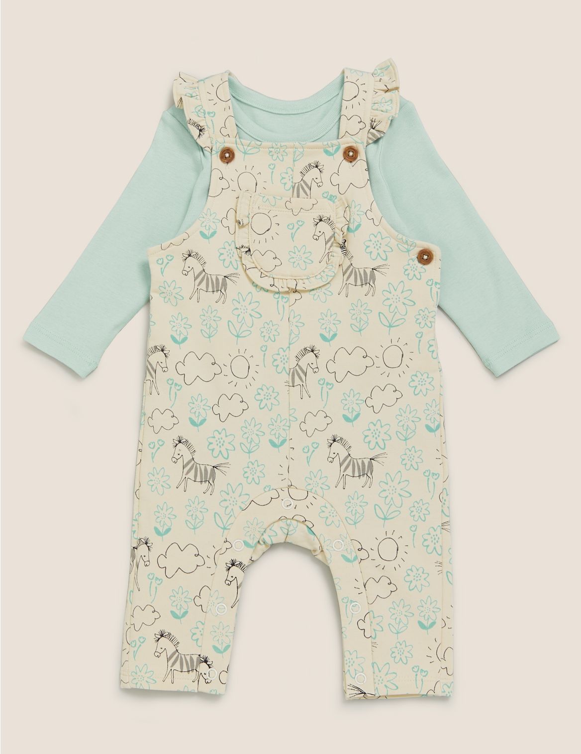 2pc Cotton Floral Zebra Dungaree Outfit (0-3 Yrs) cream