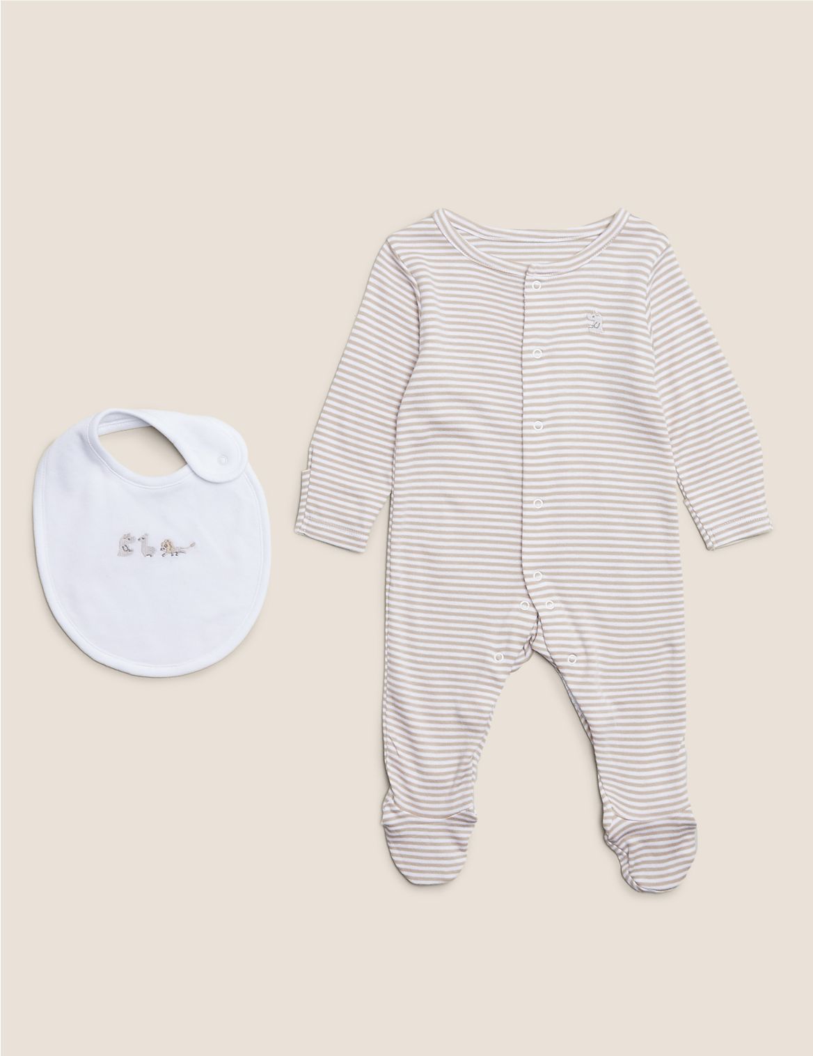 2pc Organic Cotton Stripe Sleepsuit & Bib (7lbs- 12 Mths) beige