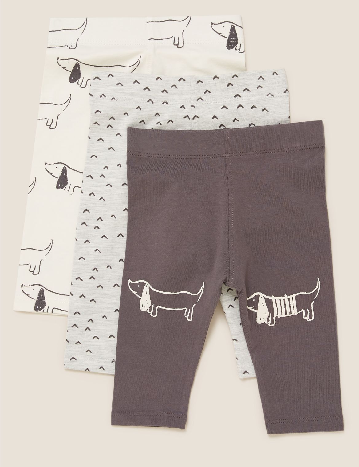 3pk Cotton Sausage Dog Print Leggings (0-3 Yrs) grey
