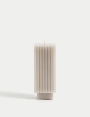 M&S Square Ridged Pillar Candle - Grey, Grey