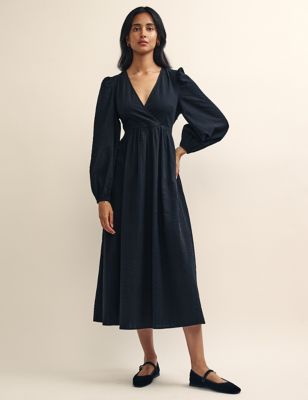 Nobody'S Child Womens Pure Cotton Textured V-Neck Midi Wrap Dress - 14 - Black, Black