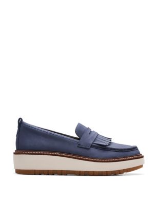 Clarks Womens Leather Flatform Loafers - 3 - Navy, Navy