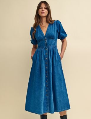 Nobody'S Child Womens Denim V-Neck Midi Waisted Dress - 12 - Blue, Blue