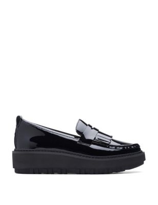 Clarks Womens Leather Patent Flatform Loafers - 4 - Black, Black