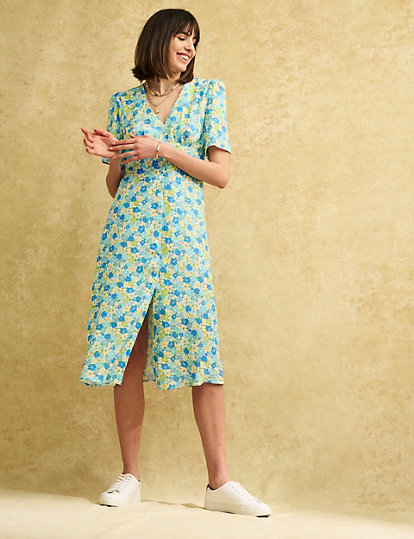 Nobody's Child Floral V-Neck Shirred Midi Tea Dress - 8 - Multi, Multi