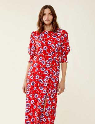 Finery London Womens Floral Round Neck Midi Tea Dress - 8 - Red Mix, Red Mix