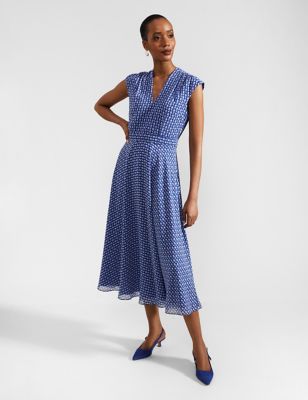 Hobbs Womens Geometric V-Neck Midi Waisted Dress - 6 - Multi, Multi