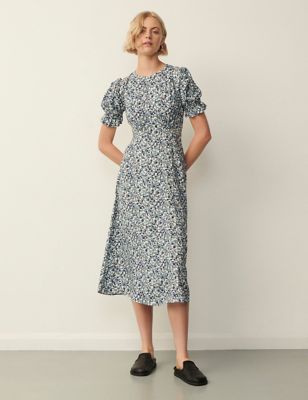 Finery London Womens Printed Puff Sleeve Midi Tea Dress - 8 - Blue Mix, Blue Mix