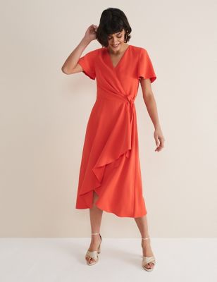 Phase Eight Womens V-Neck Angel Sleeve Midi Wrap Dress - 16 - Orange, Orange