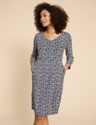 White Stuff Womens Jersey Printed V-Neck Knee Length Tea Dress - 8PET - Blue Mix, Blue Mix