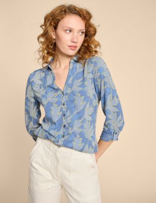 White Stuff Womens Jersey Printed Collared Shirt - 8REG - Blue Mix, Blue Mix