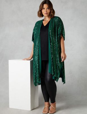 Live Unlimited London Womens Sequin Collarless Relaxed Longline Kimono - 14 - Black, Black,Green