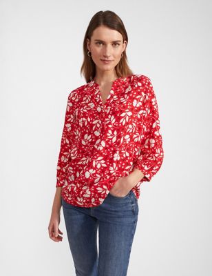 Hobbs Womens Floral Notch Neck Popover Blouse - 6 - Red Mix, Red Mix