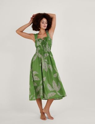 Monsoon Women's Pure Cotton Printed Square Neck Midi Dress - XL - Green Mix, Green Mix