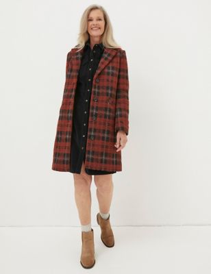 Fatface Womens Checked Collared Longline Coat with Wool - 10, Red