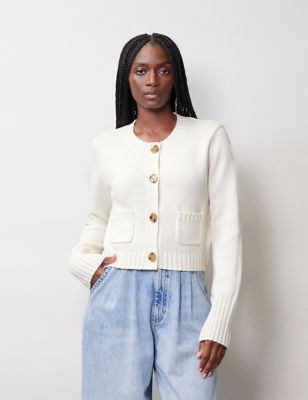 Albaray Womens Pure Cotton Crew Neck Button Front Cardigan - 10 - Cream, Cream