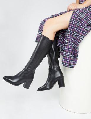 Jones Bootmaker Womens Regular Calf Leather Block Heel Pointed Knee High Boots - 7 - Black, Black