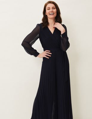 M&S Phase Eight Womens Pleated Long Sleeve Waisted Jumpsuit