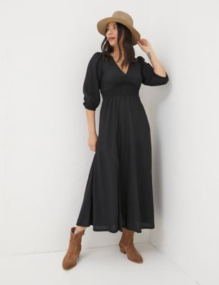 Fatface Womens V-Neck Blouson Sleeve Midi Waisted Dress - 8SHT - Black, Black