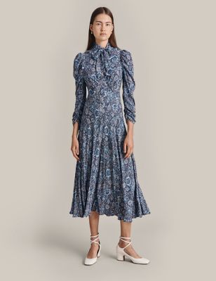 Ghost Womens Crepe Floral Tie Neck Midaxi Tea Dress - Blue Mix, Blue Mix