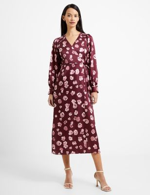 French Connection Womens Satin Floral V-Neck Midi Wrap Dress - 14 - Red Mix, Red Mix