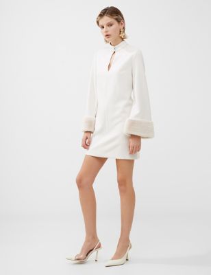 French Connection Womens Faux Fur Trim High Neck Mini Shift Dress - Cream, Cream
