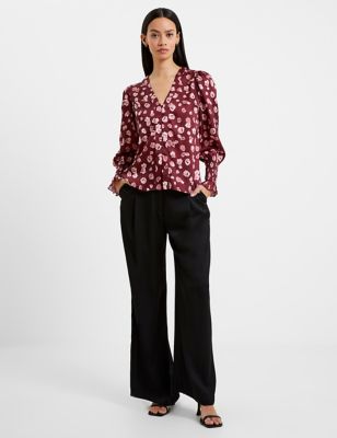 French Connection Womens Satin Floral V-Neck Button Through Blouse - 18 - Red Mix, Red Mix