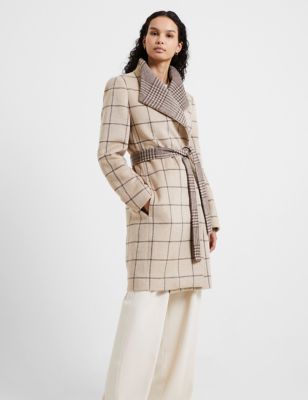 French Connection Womens Checked Longline Trench Coat with Wool - 6 - Tan, Tan