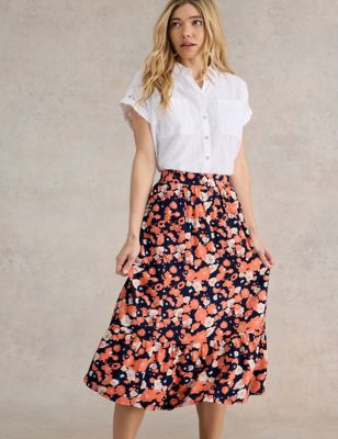 White Stuff Womens Reversible Floral Midi Tiered Skirt - 8 - Navy Mix, Navy Mix