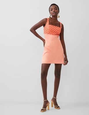French Connection Womens Crepe Embroidered Square Neck Mini Shift Dress - 8 - Orange, Orange