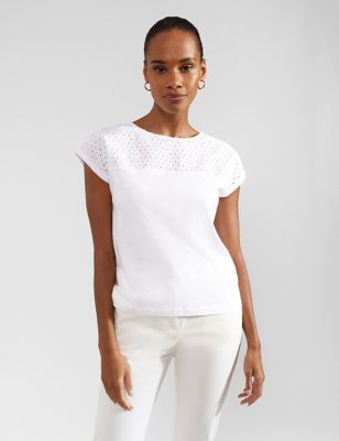 Hobbs Womens Pure Cotton Broderie Slash Neck Top - M - White, White