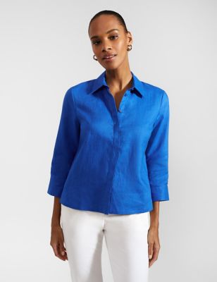 Hobbs Womens Pure Linen Collared Shirt - 8 - Blue, Blue,White