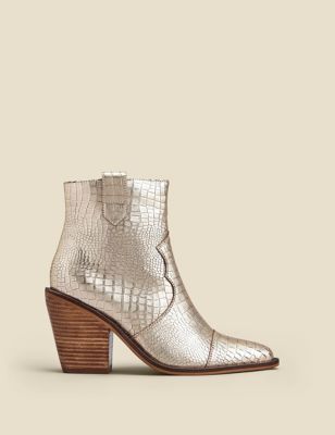 Sosandar Womens Leather Cow Boys Croc Block Heel Ankle Boots - 8 - Gold, Gold