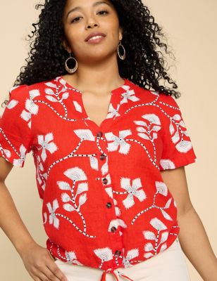 White Stuff Women's Linen Blend Floral Notch Neck Shirt - 8 - Red Mix, Red Mix