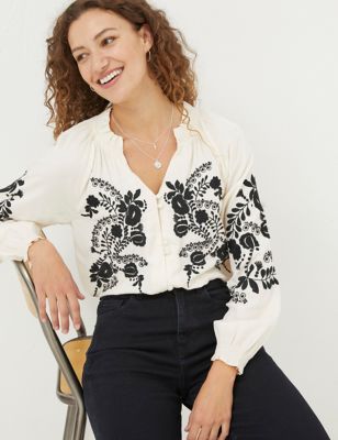Fatface Womens Floral Embroidered Notch Neck Blouse - 8 - Ivory, Ivory