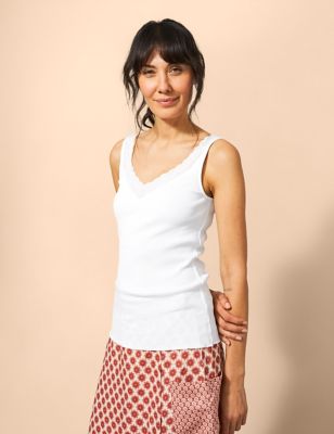 White Stuff Womens Pure Cotton V-Neck Lace Detail Vest Top - 6, White